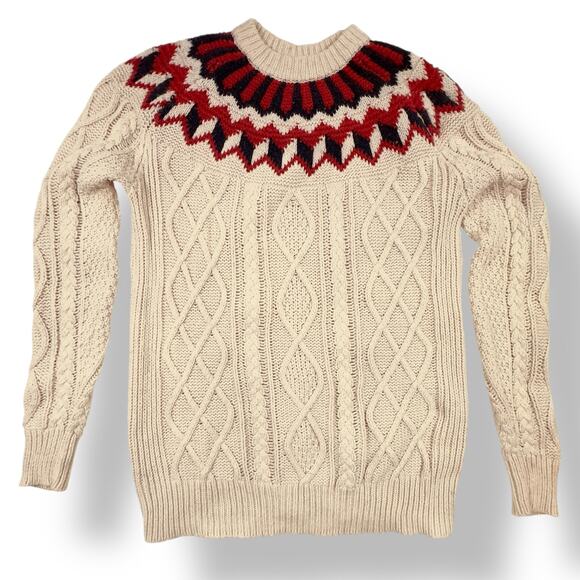 J.Crew Fair Isle Fisherman Sweater Oversize Chunky Cable Knit Ivory Fisherman XS - Picture 1 of 10